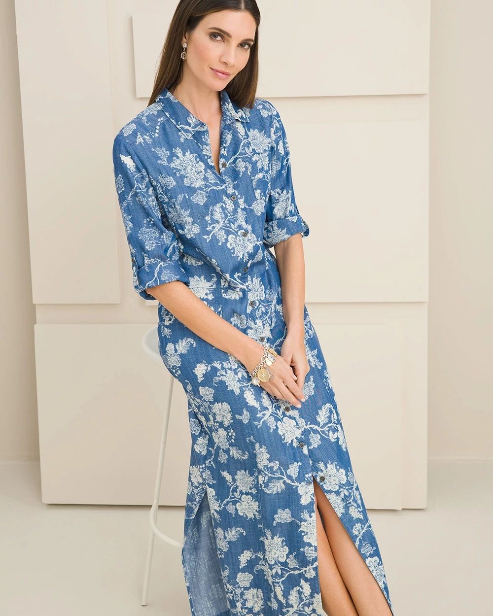 Floral Print Denim Maxi Shirt Dress