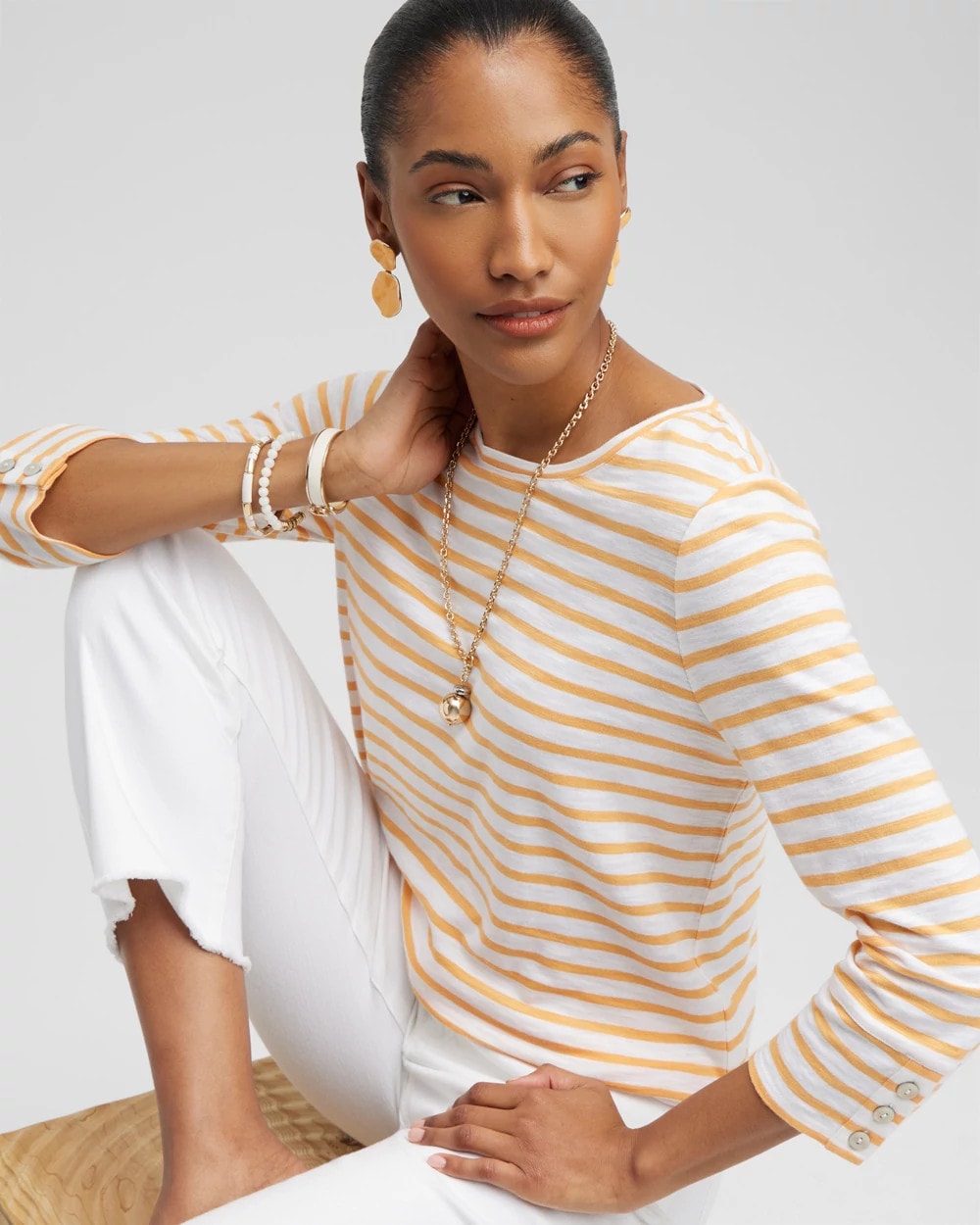 Stripe 3/4 Sleeve Button Tee