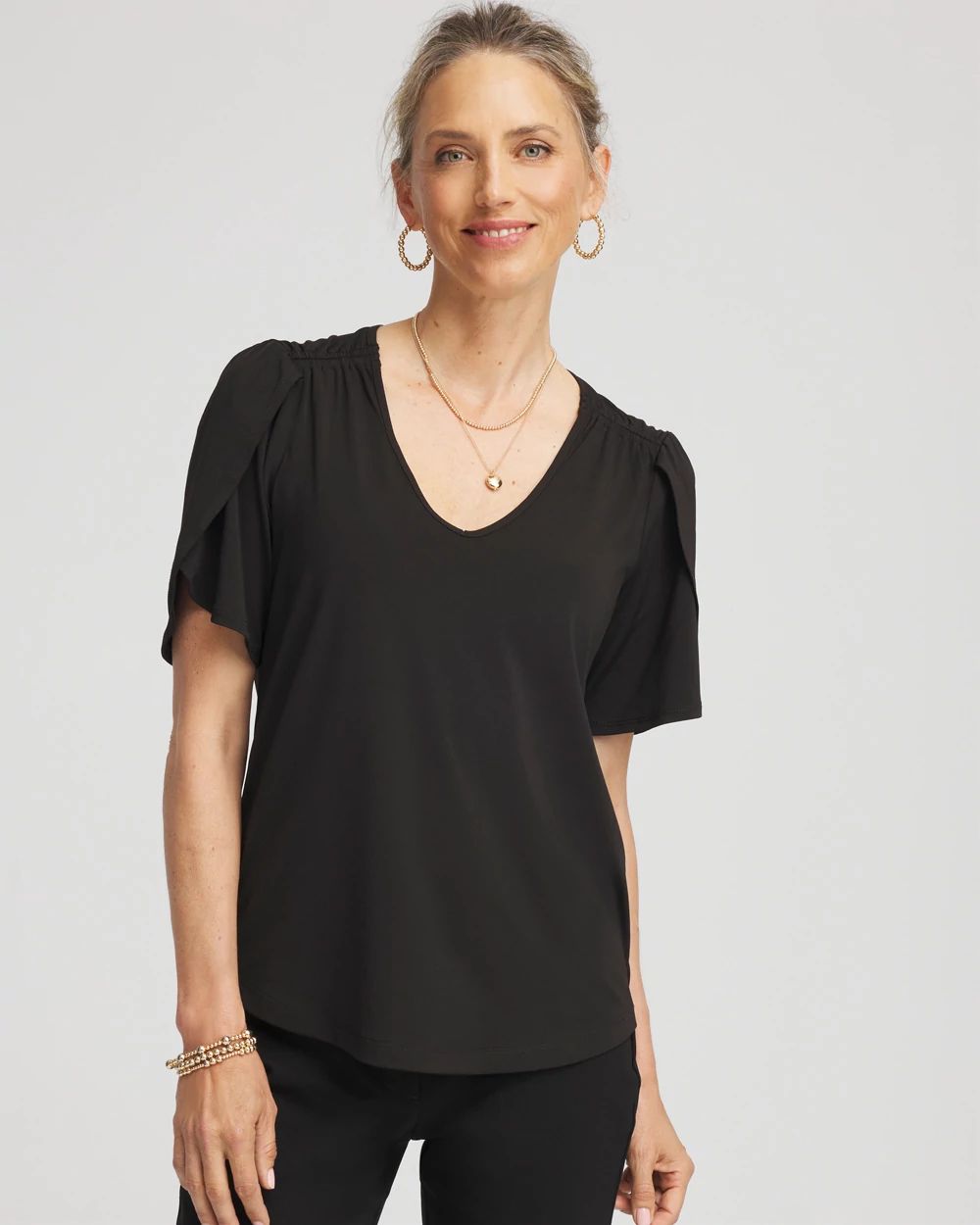 Petal-Sleeve Voop Neck Tee