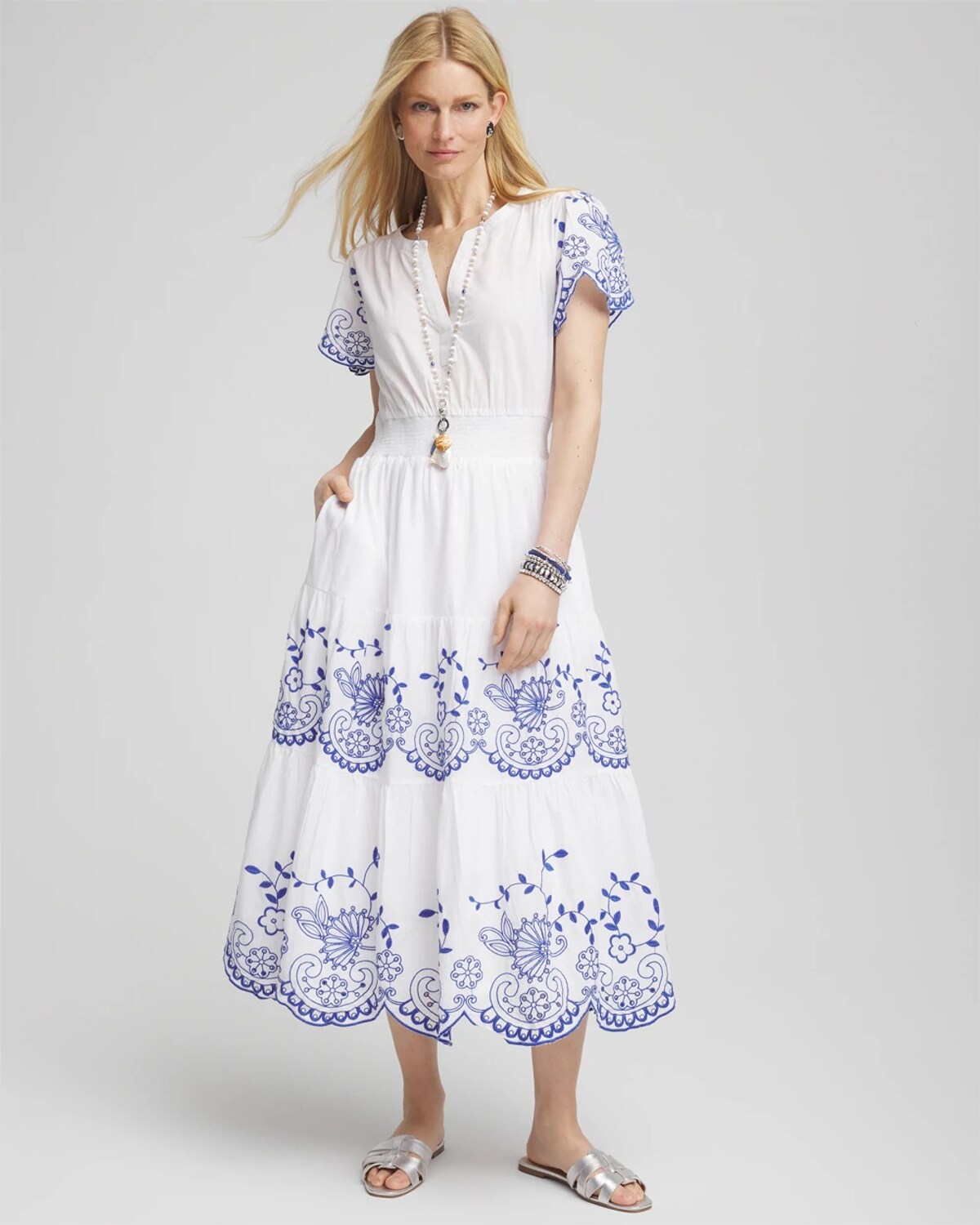 Chico's Petite Embroidered Smocked Waist Dress In White In White