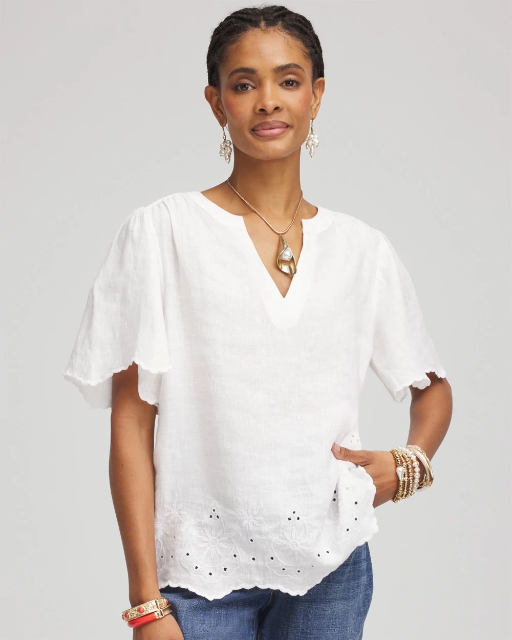 Linen Embroidered Hem Blouse