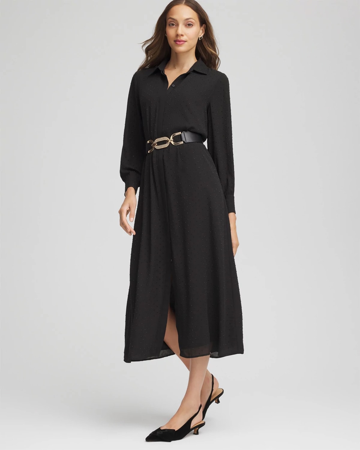 Chico's Sequined Long-sleeved Maxi Shirtdress In Black In Black