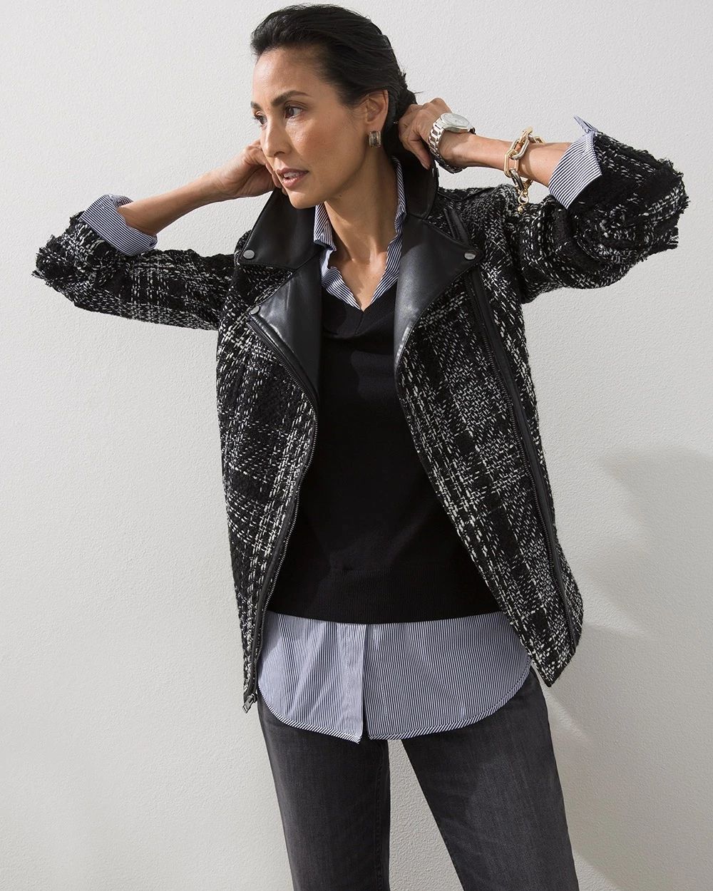 Tweed and Faux Leather Moto Jacket