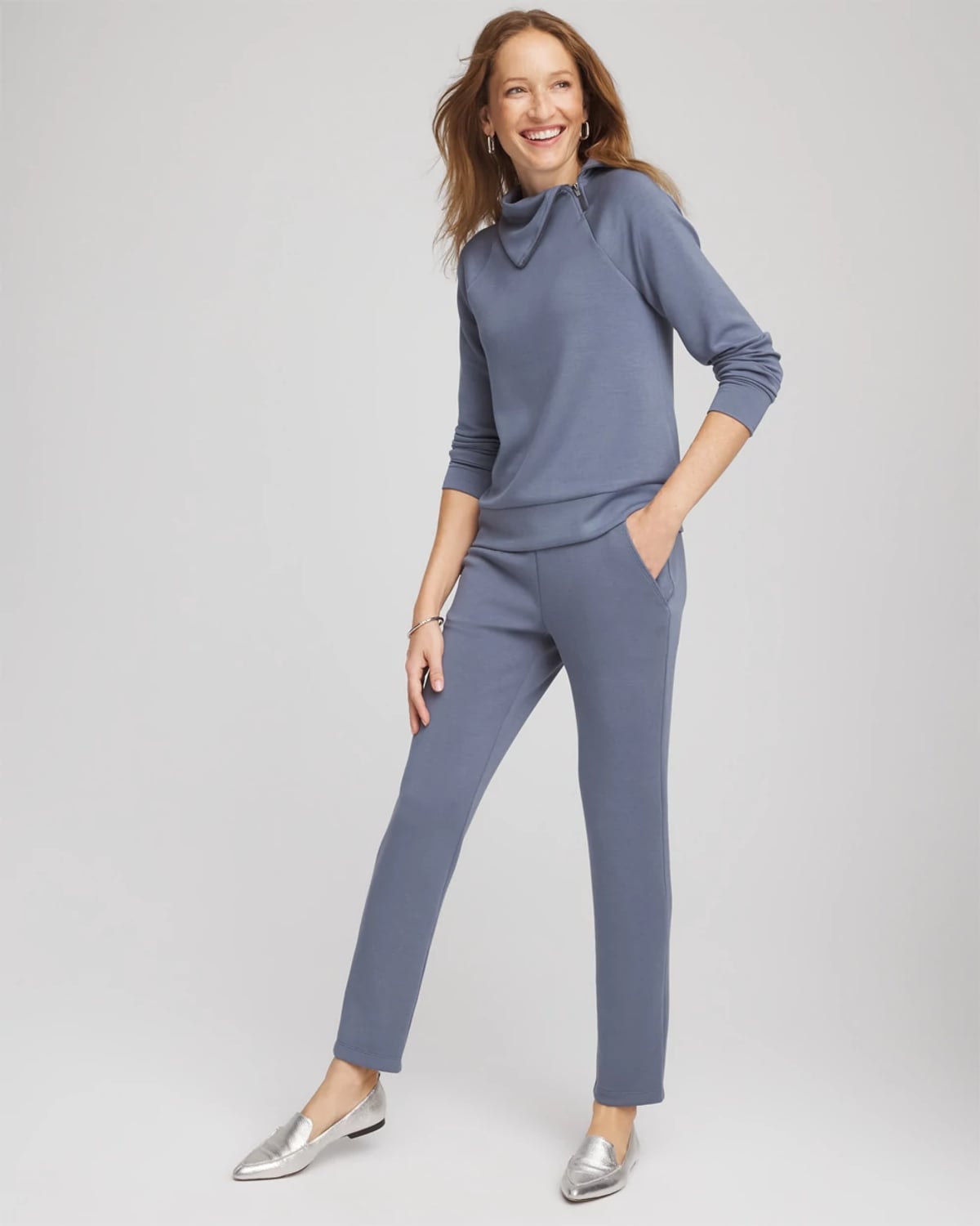 Chico's Scuba Popover Top In Stormy Weather In Blue