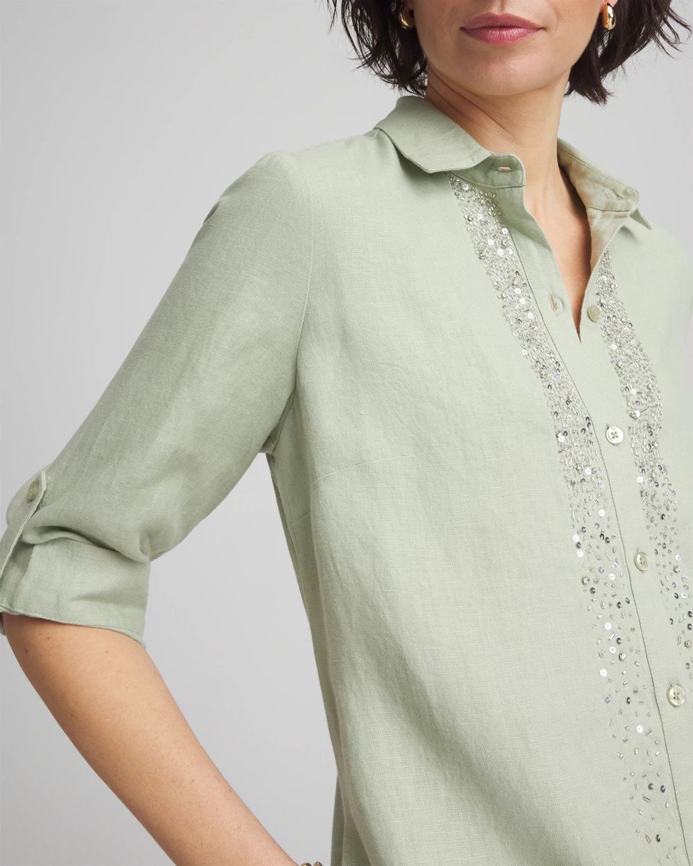 Linen Embellished Midi Shirt Dress