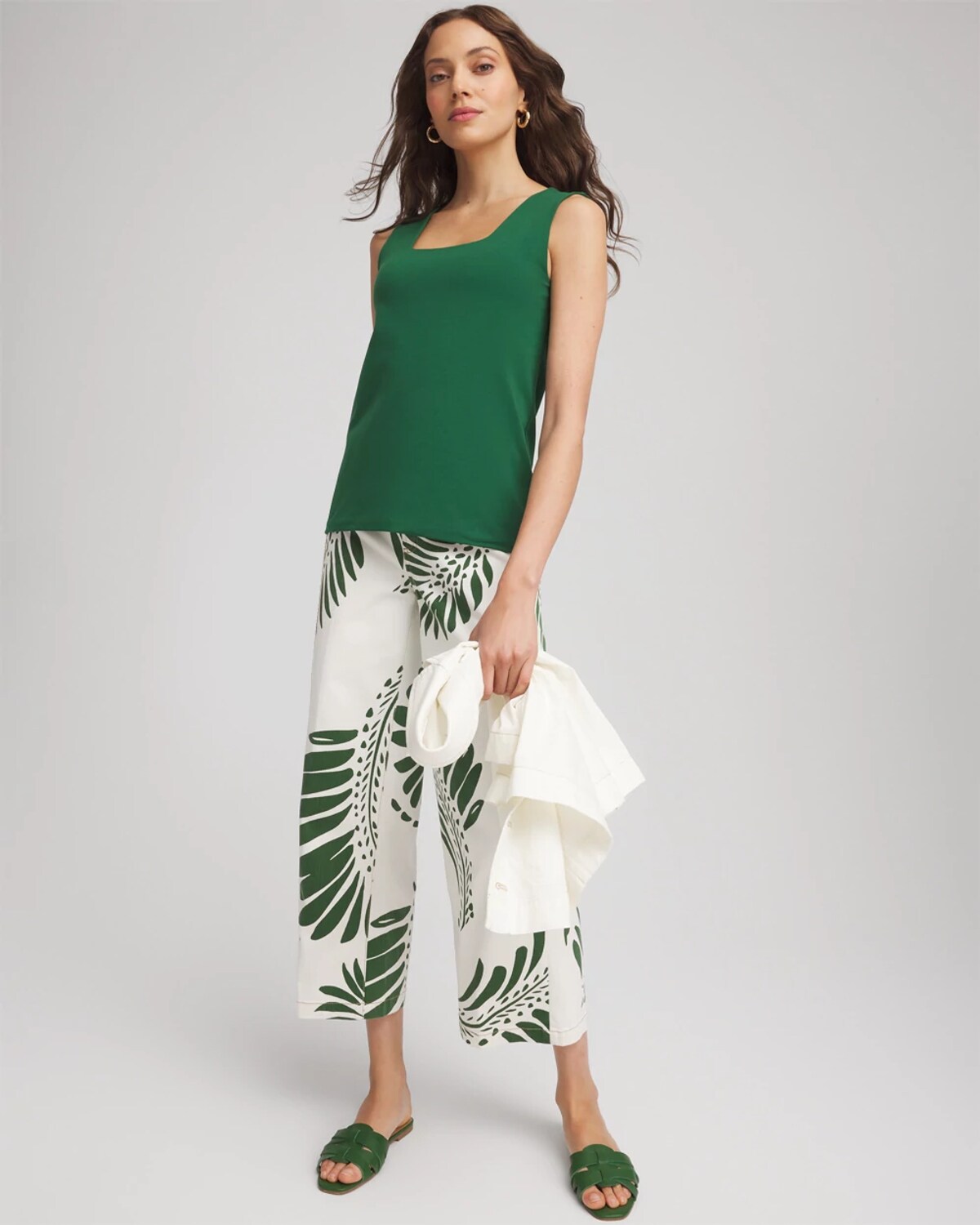 Chico's Contour Cotton Square Neck Tank In Palm Leaf In Green