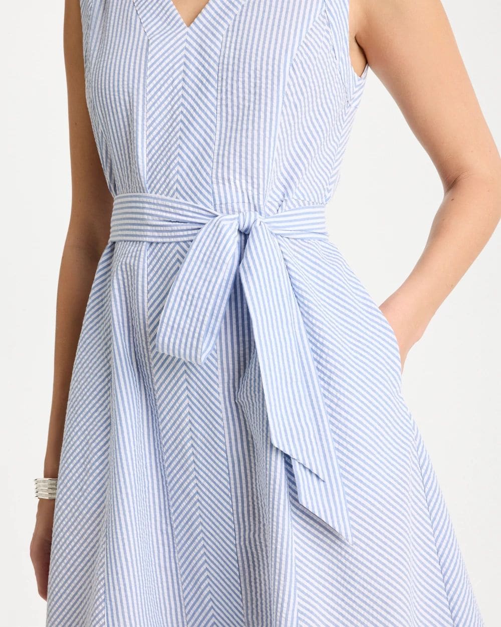 Seersucker V-Neck Sleeveless Dress