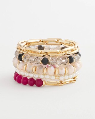 Set of Five Purple Beaded Stretch Bracelets click to view larger image.