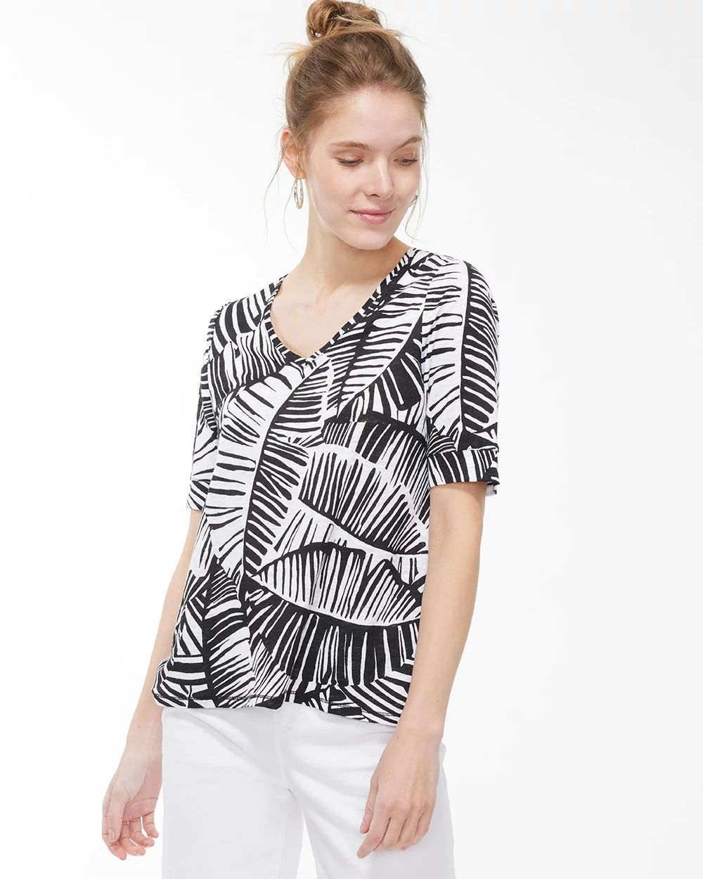 Linen Leaf Print Back Detail Tee