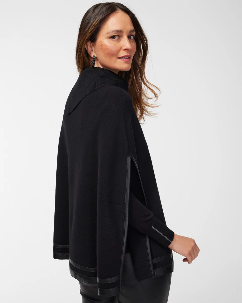Faux Leather Trim Sweater Cape