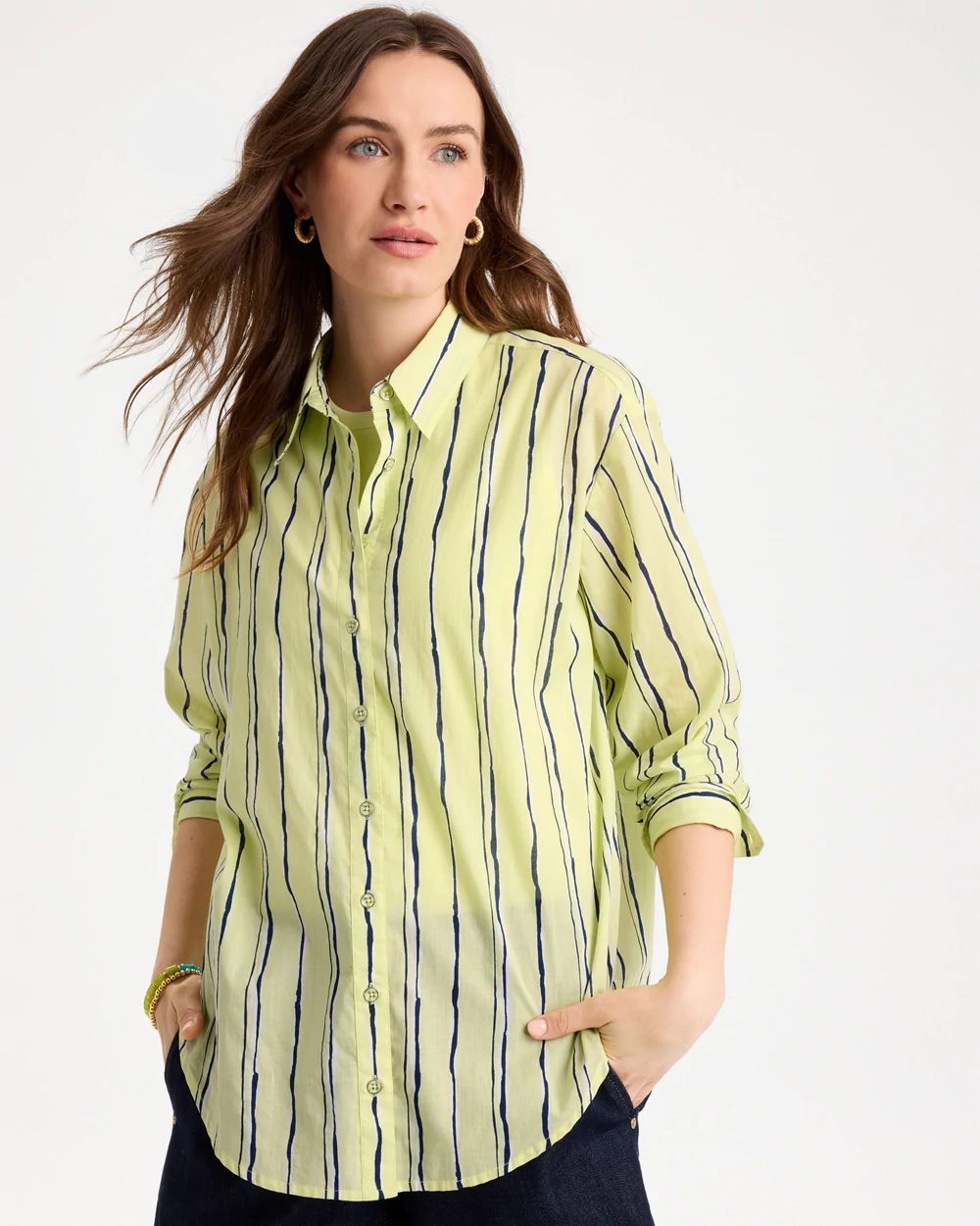 Cotton Voile Collared Striped Shirt click to view larger image.