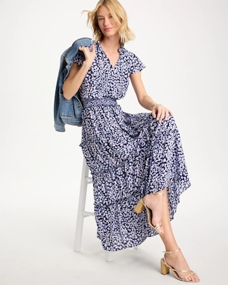 Crepe Smocked Flutter-Sleeve Dress click to view larger image.