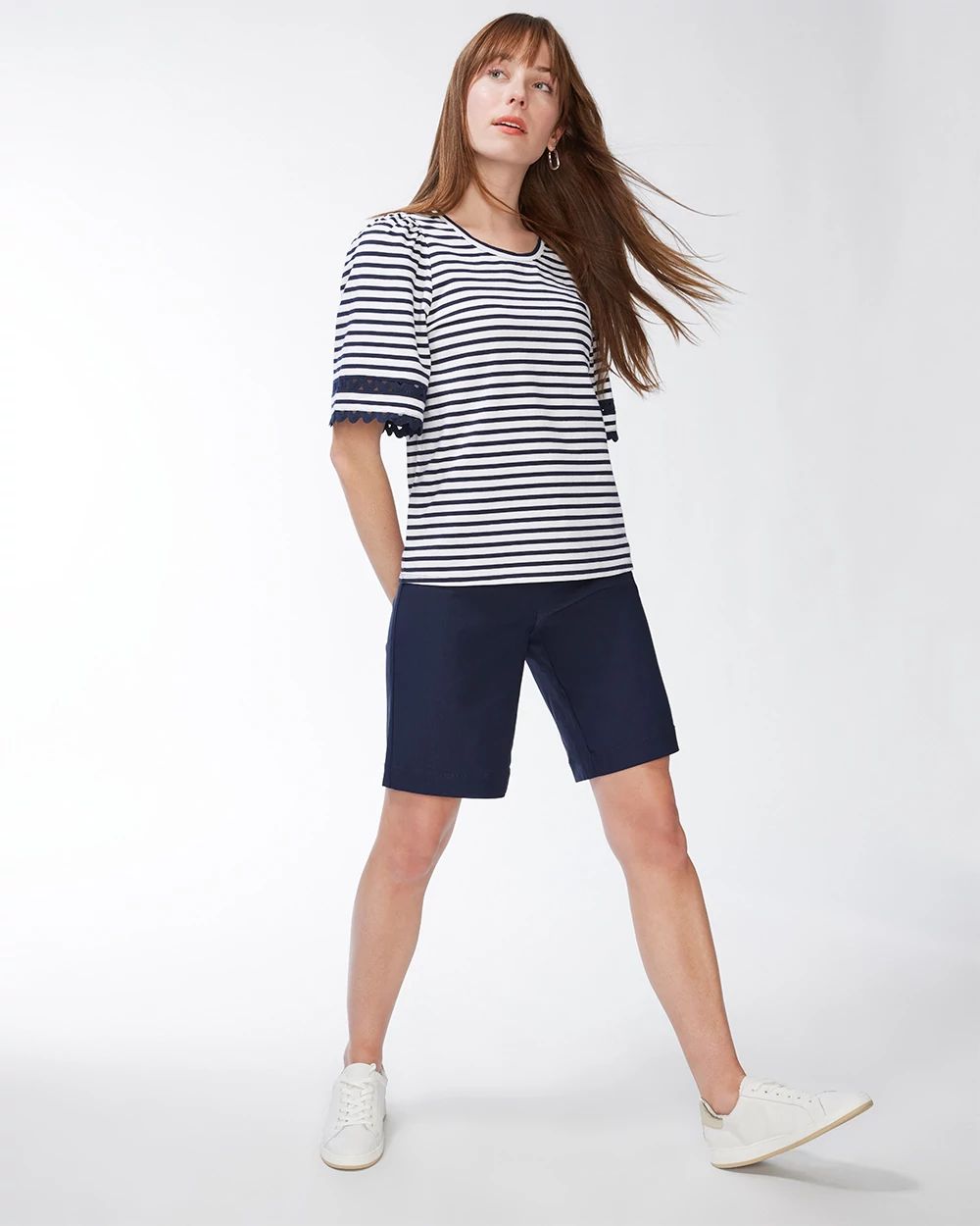 Stripe Lace Detail Flutter Sleeve Tee