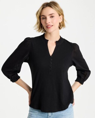 Ruffled V-Neck 3/4 Sleeve Top