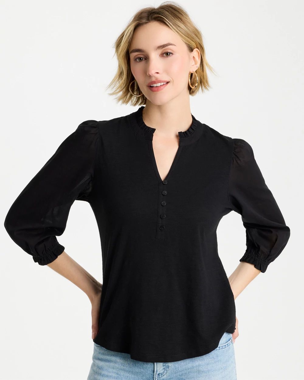 Ruffled V-Neck 3/4 Sleeve Top