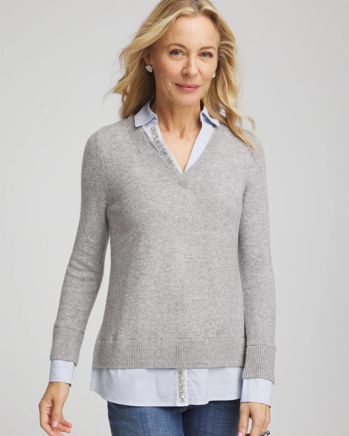 Chico's Sequin Built-in Shirt Knit Sweater In Gray In Gray