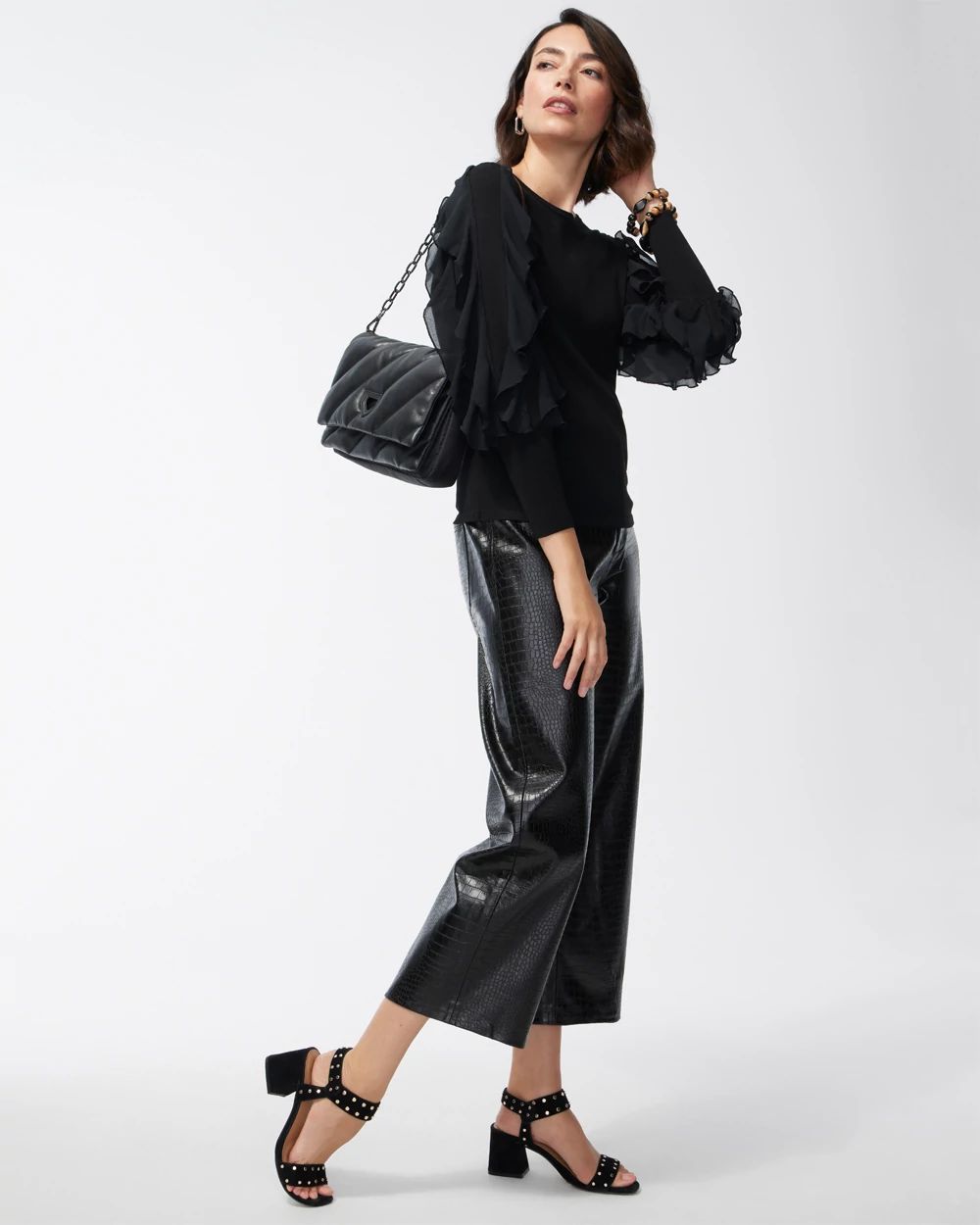 Spun Rayon Black Ruffle Sleeve Sweater