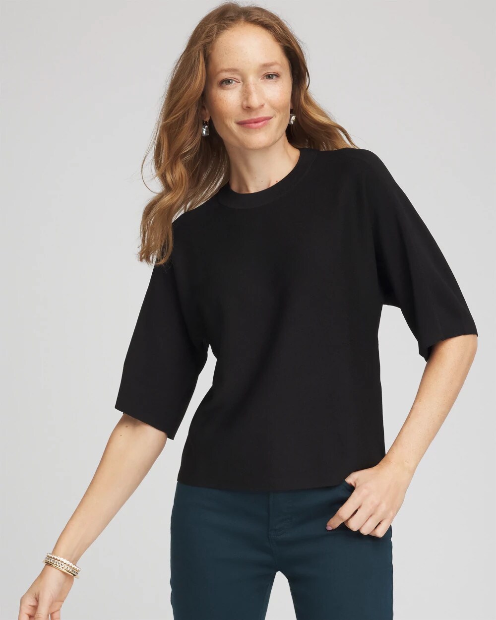 Chico's Dolman Sleeve Crew Neck Pullover Sweater In Black
