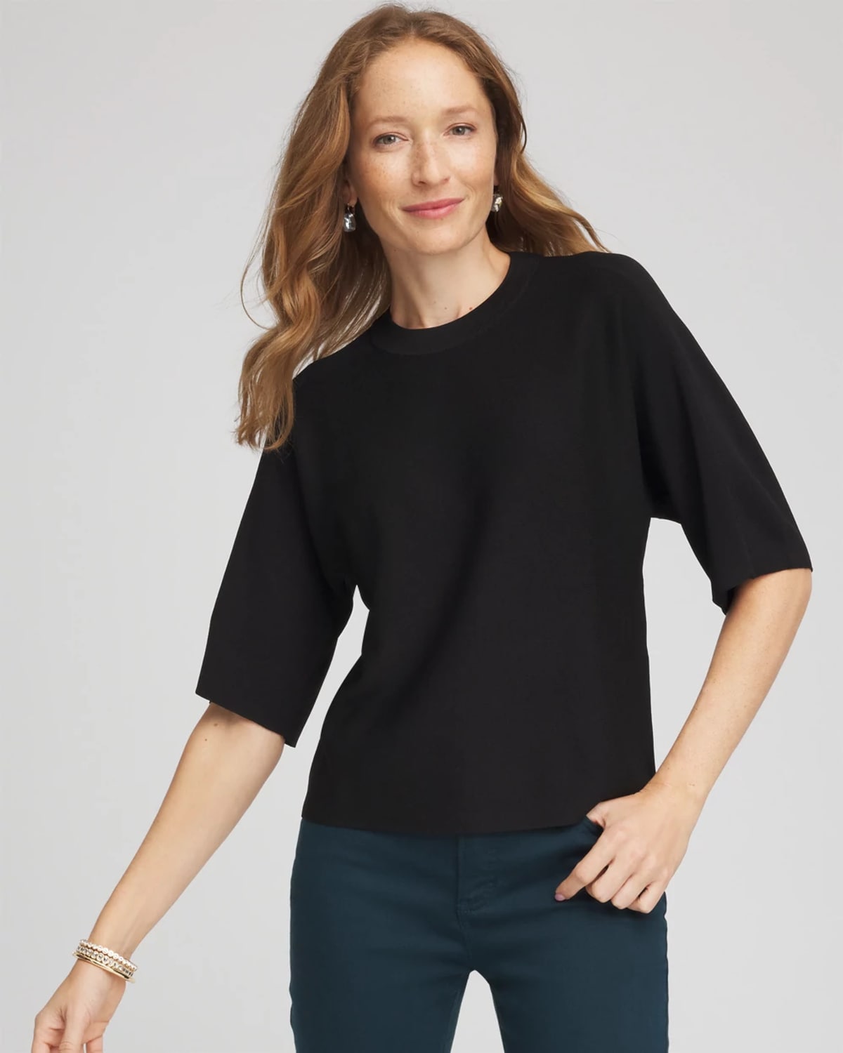 Chico's Dolman Sleeve Crew Neck Pullover Sweater In Black