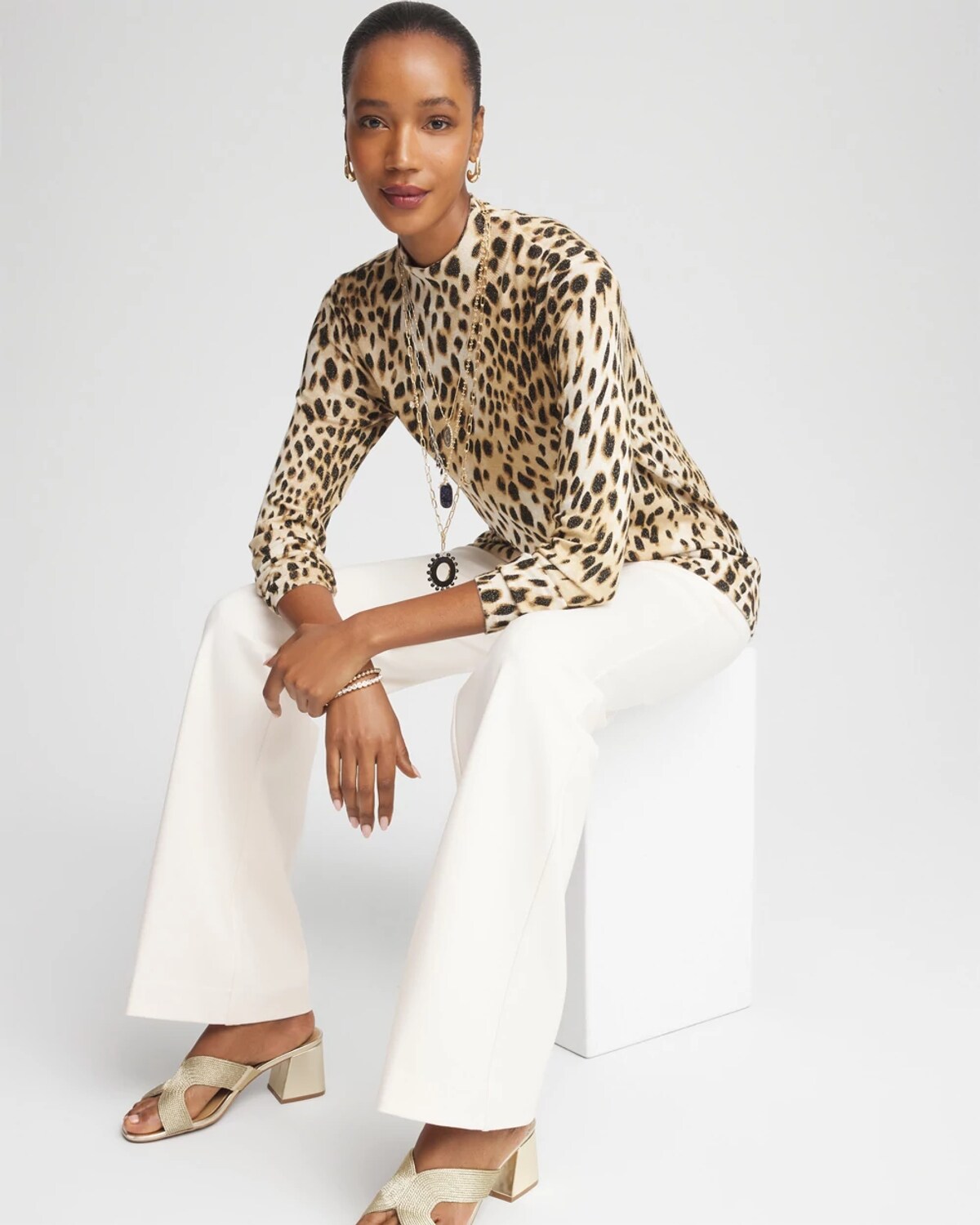 Chico's Ella Mockneck Animal-print Pullover Sweater In Cream In Animal Print