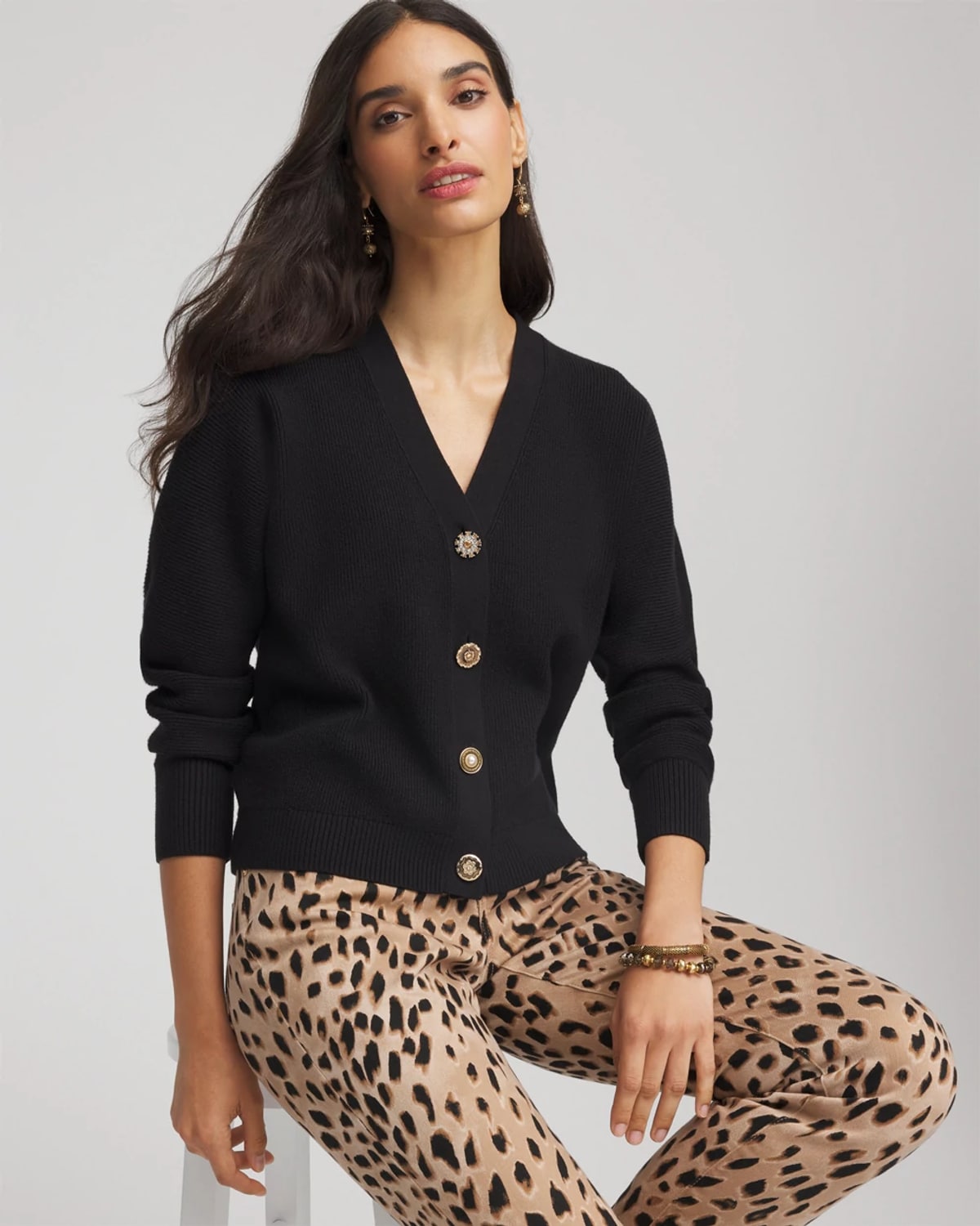 Chico's Relaxed-fit Button-front Cardigan Sweater In Black In Multi