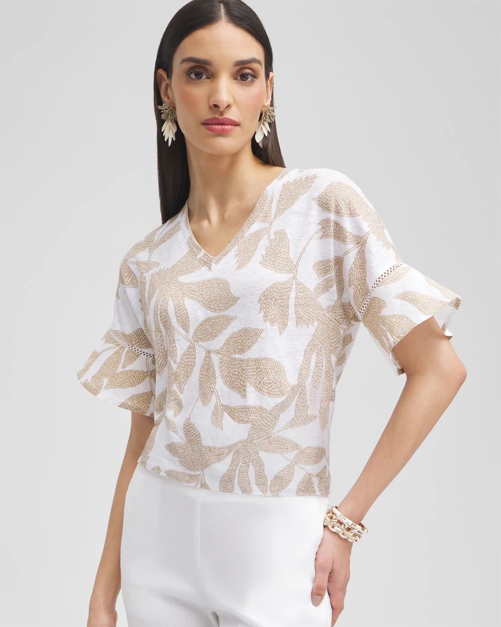 Leaves Linen Blend Flutter Sleeve Top