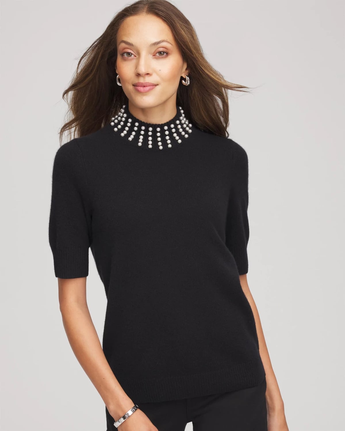 Chico's Cashmere Pearl Mockneck Sweater In Black In Black