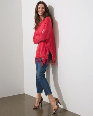 Red Embellished Sweater Poncho