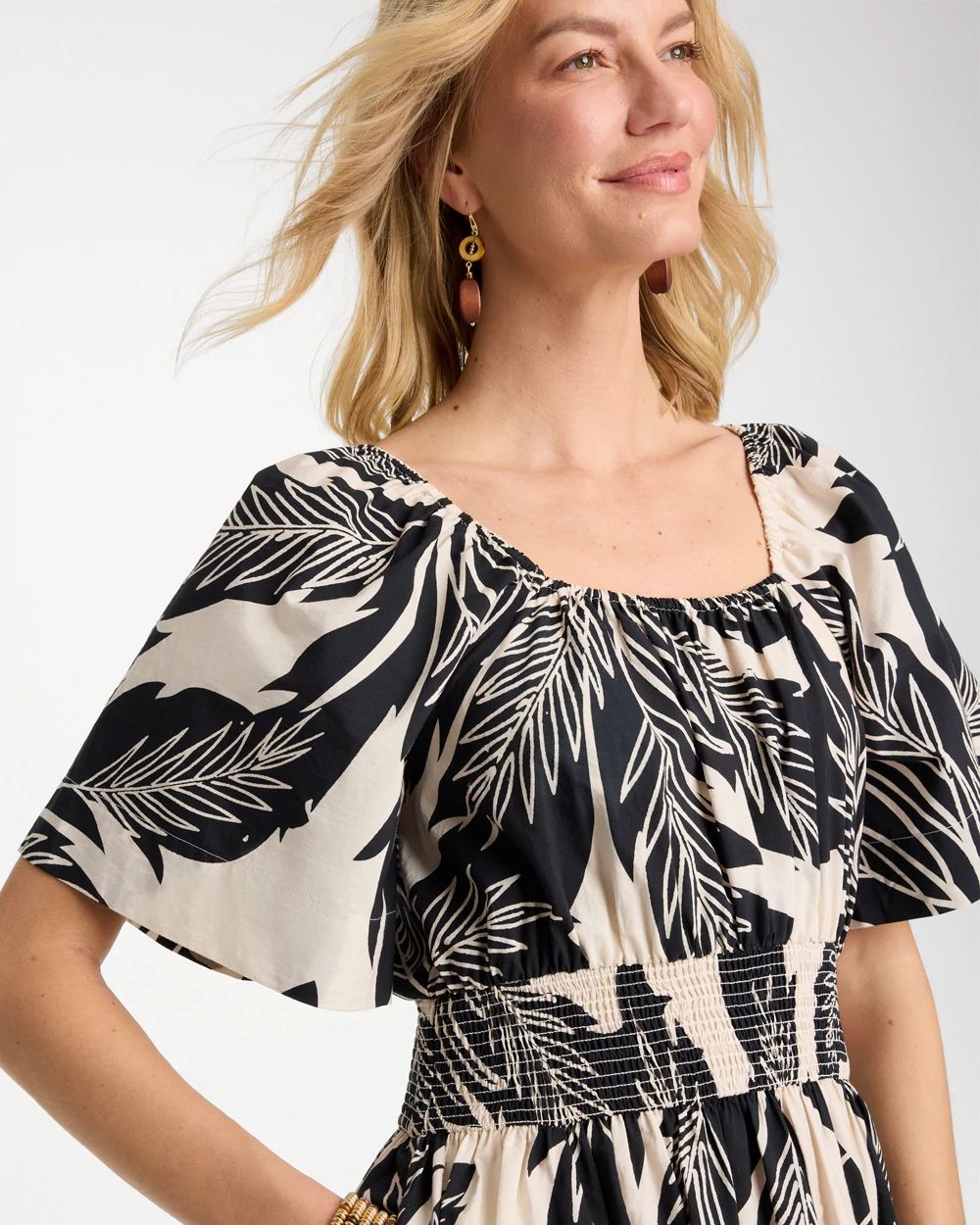 Poplin Cotton Palm Off-Shoulder Dress click to view larger image.