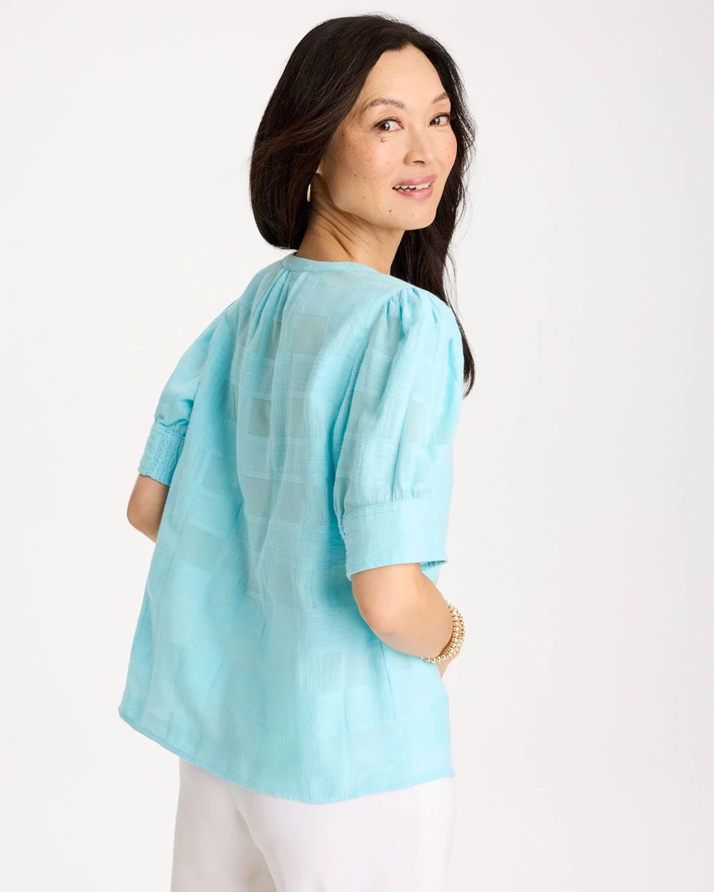 Cotton Plaid Elbow-Sleeve Shirt