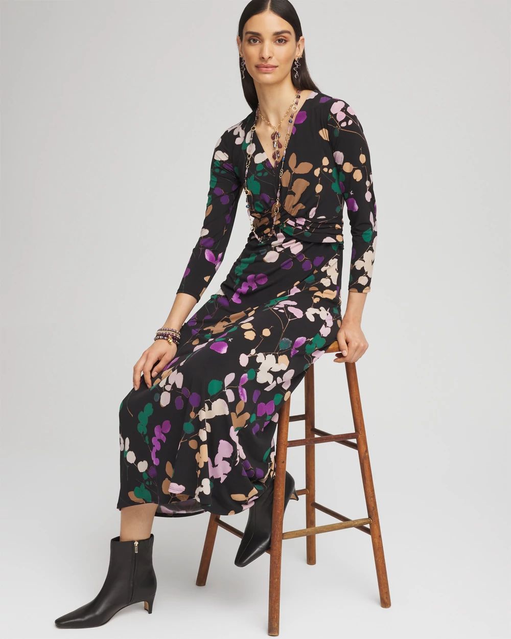 V-neck 3/4 Sleeve Floral Maxi Dress