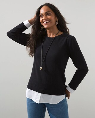Woven Shirt Detail Knit Sweater