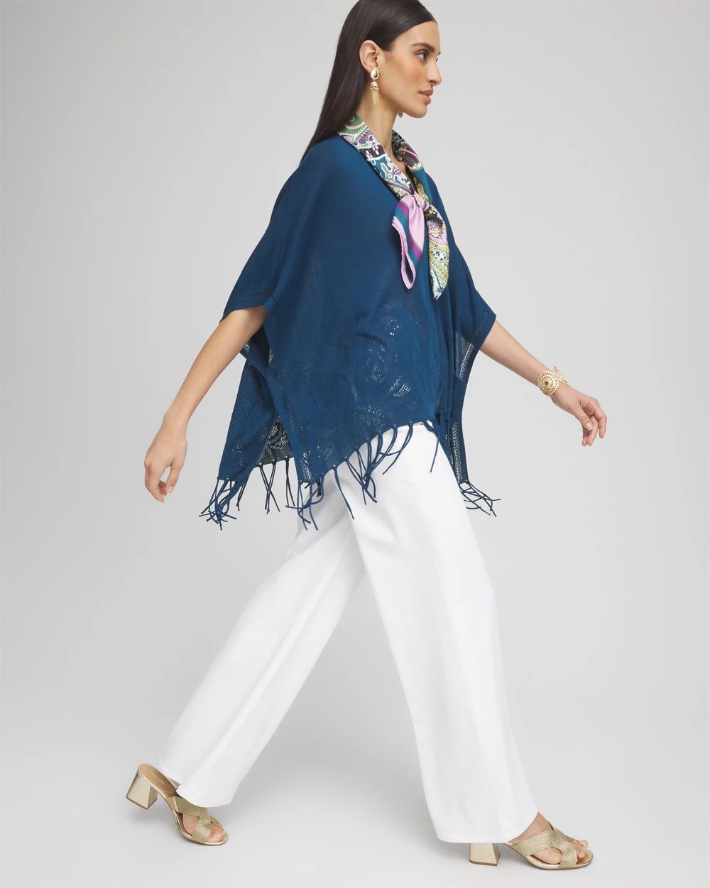V-Neck Cutwork Placket Poncho