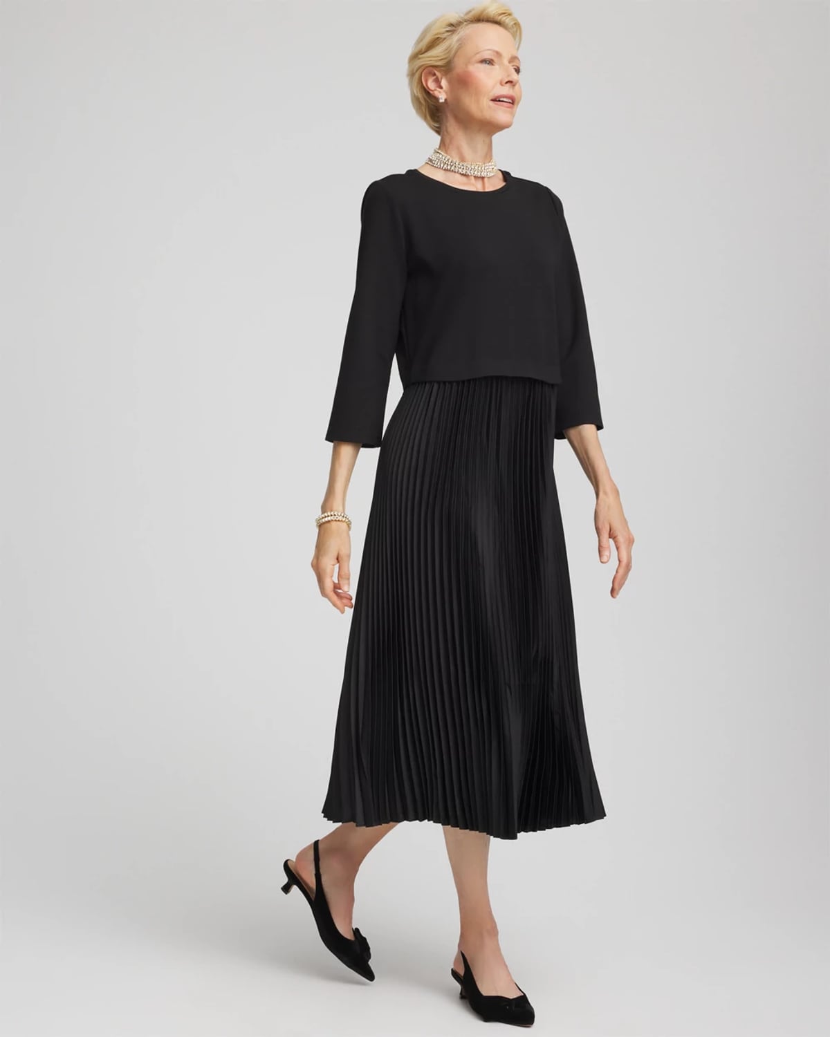 Chico's Satin-knit Pleated Maxi Dress In Black In Black