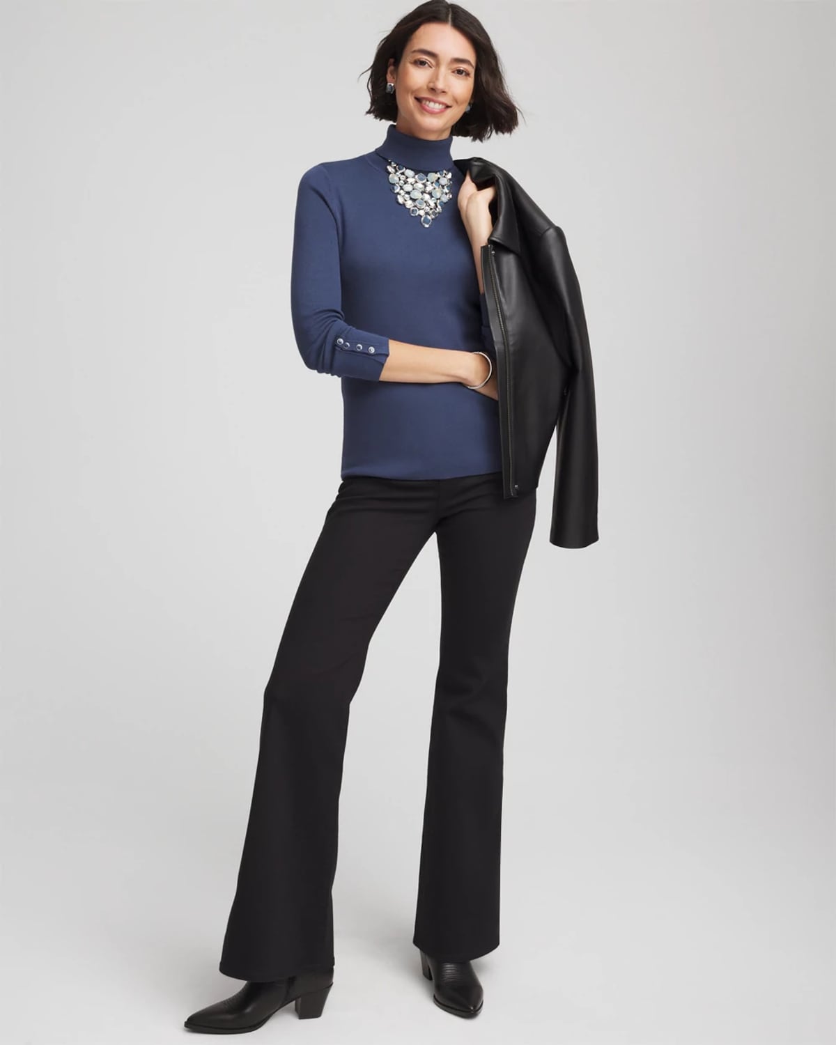 Chico's Ella Button Cuff Turtleneck Sweater In Indigo Sky