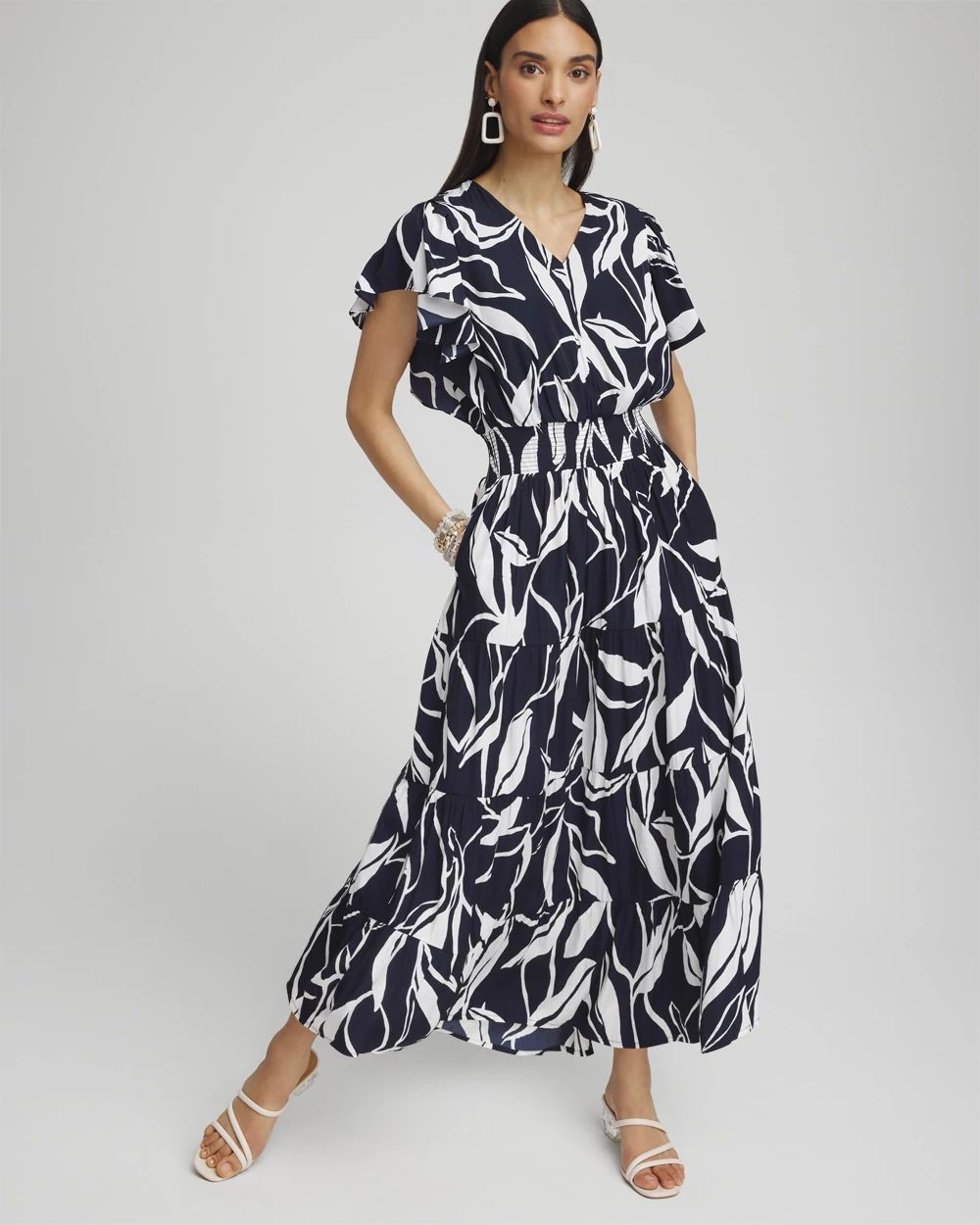 Leaves Smock Waist Tiered Maxi Dress