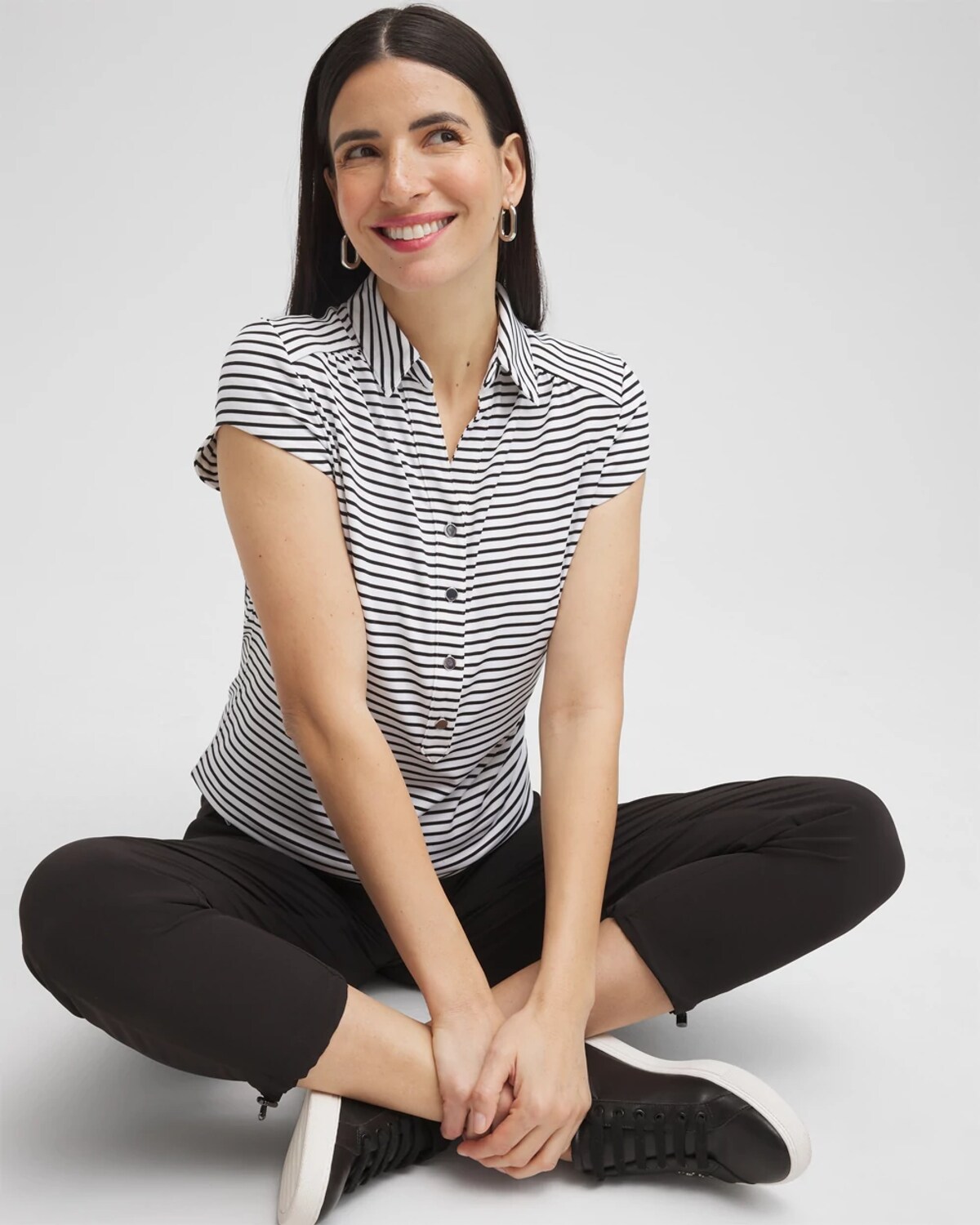 Chico's Stripe Cap Sleeve Polo Top In Black Size 20/22 | Zenergy Activewear In Black
