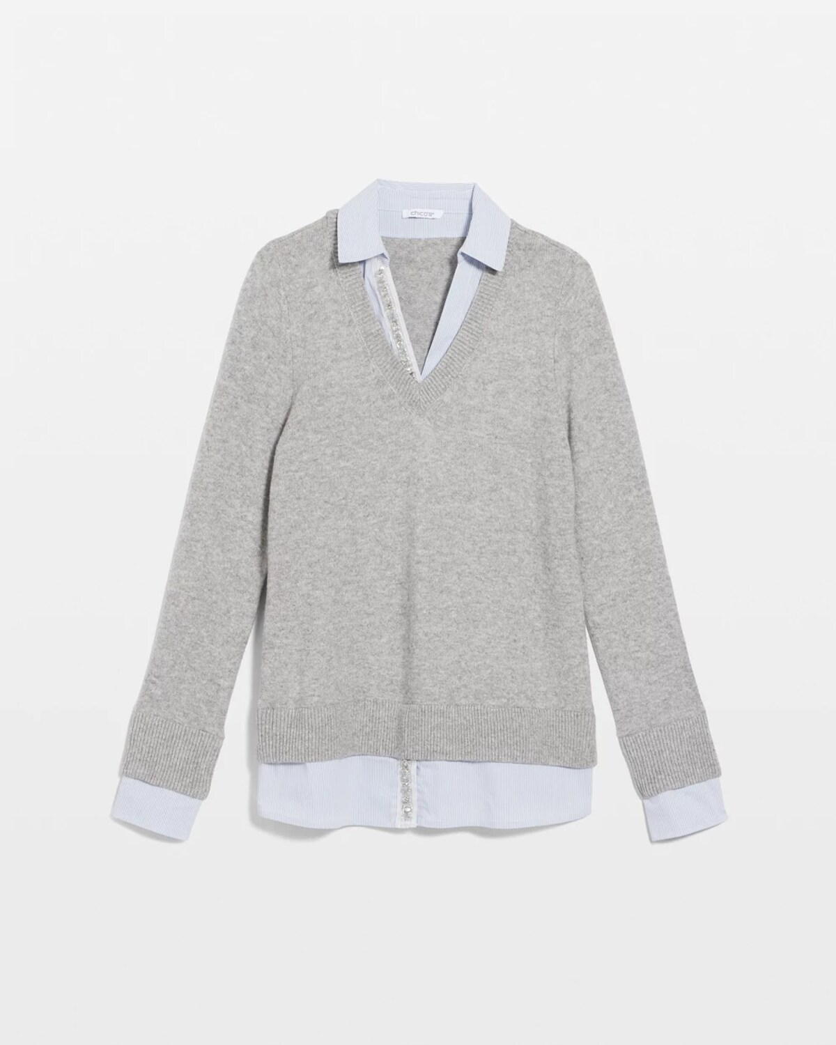 Chico's Sequin Built-in Shirt Knit Sweater In Gray In Gray