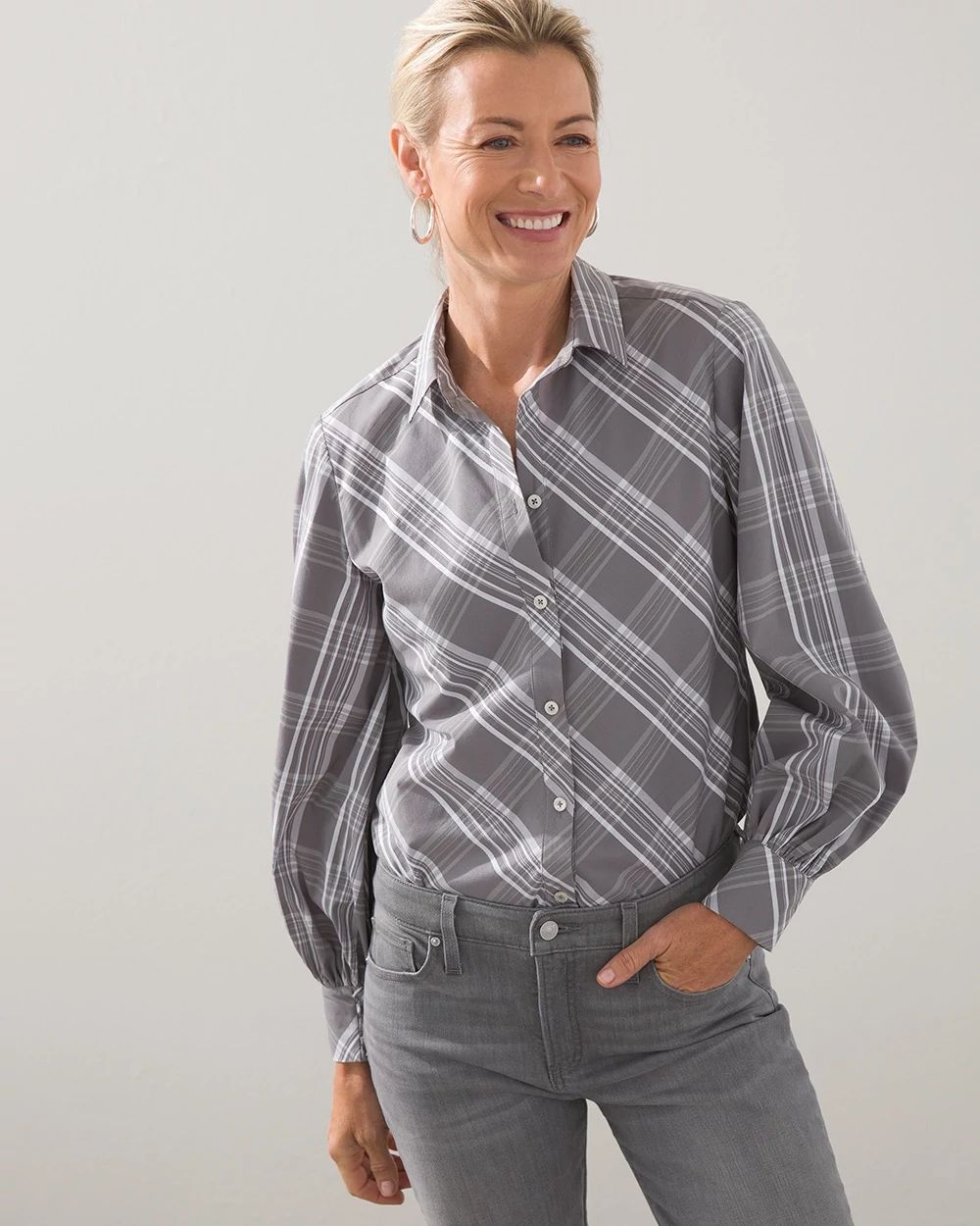 Poplin Billow Sleeve Plaid Shirt