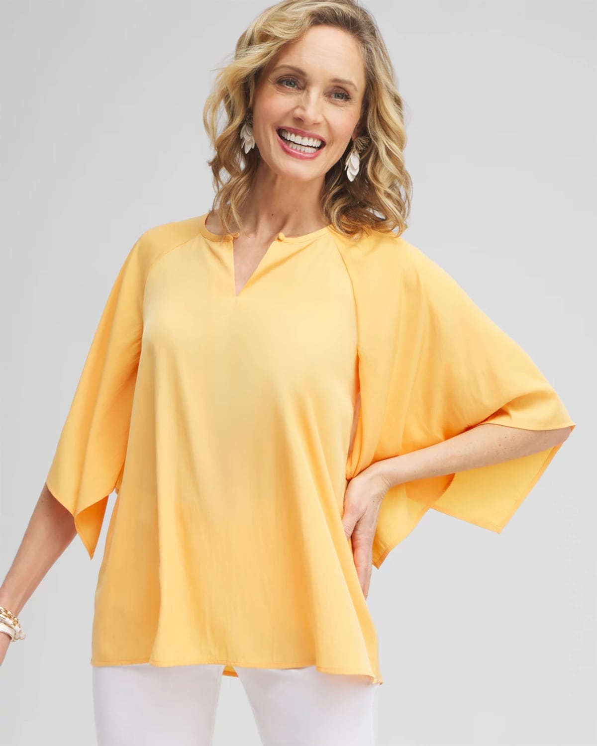 Chico's Satin Keyhole Neck Blouse In Orange Size 6 | In Mango Sorbet