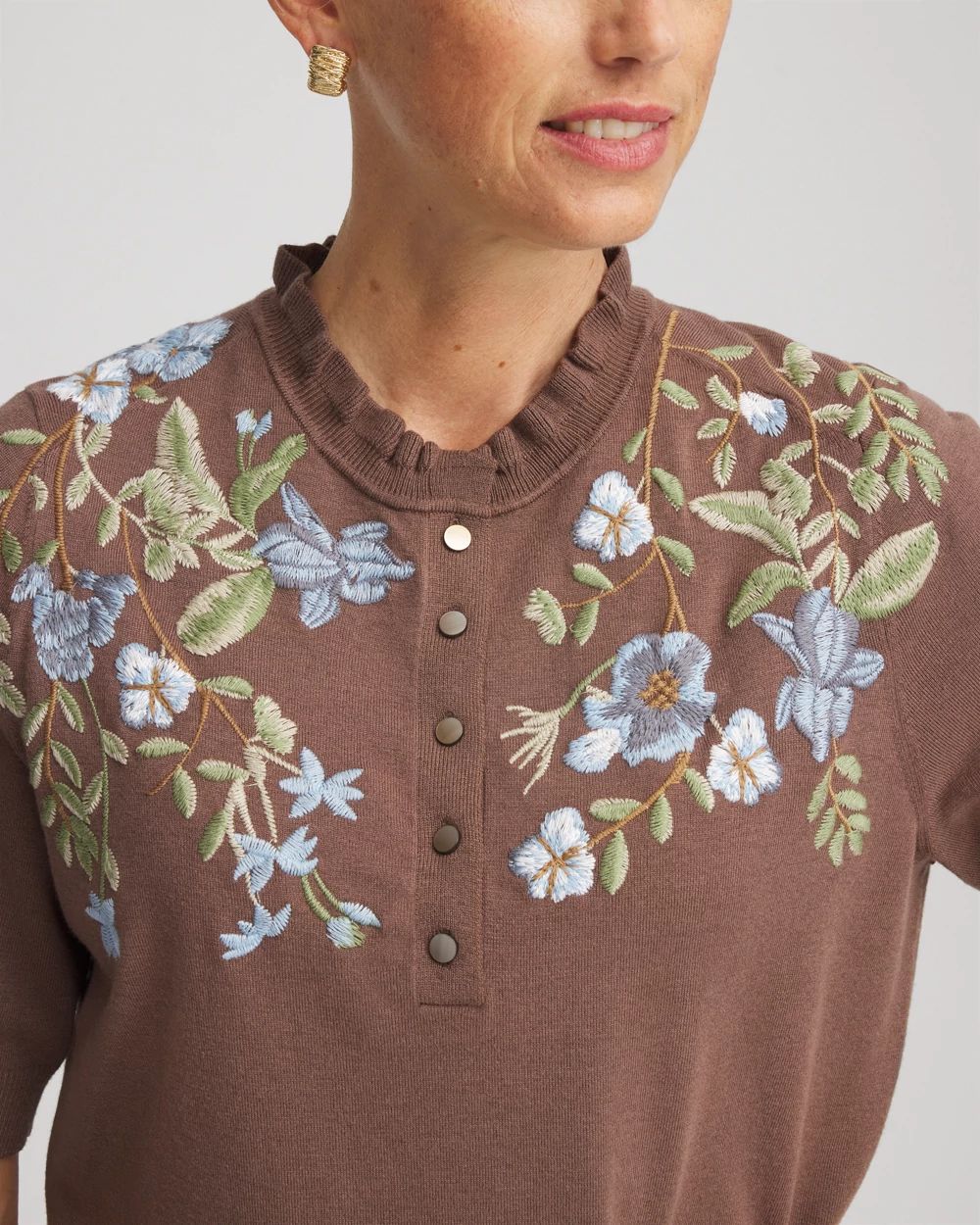 Embroidered Henley Pullover Sweater