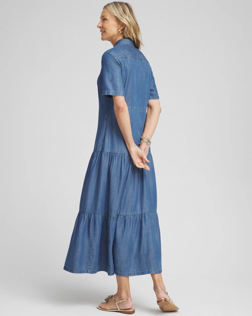 Faux Denim Tiered Shirt Dress click to view larger image.