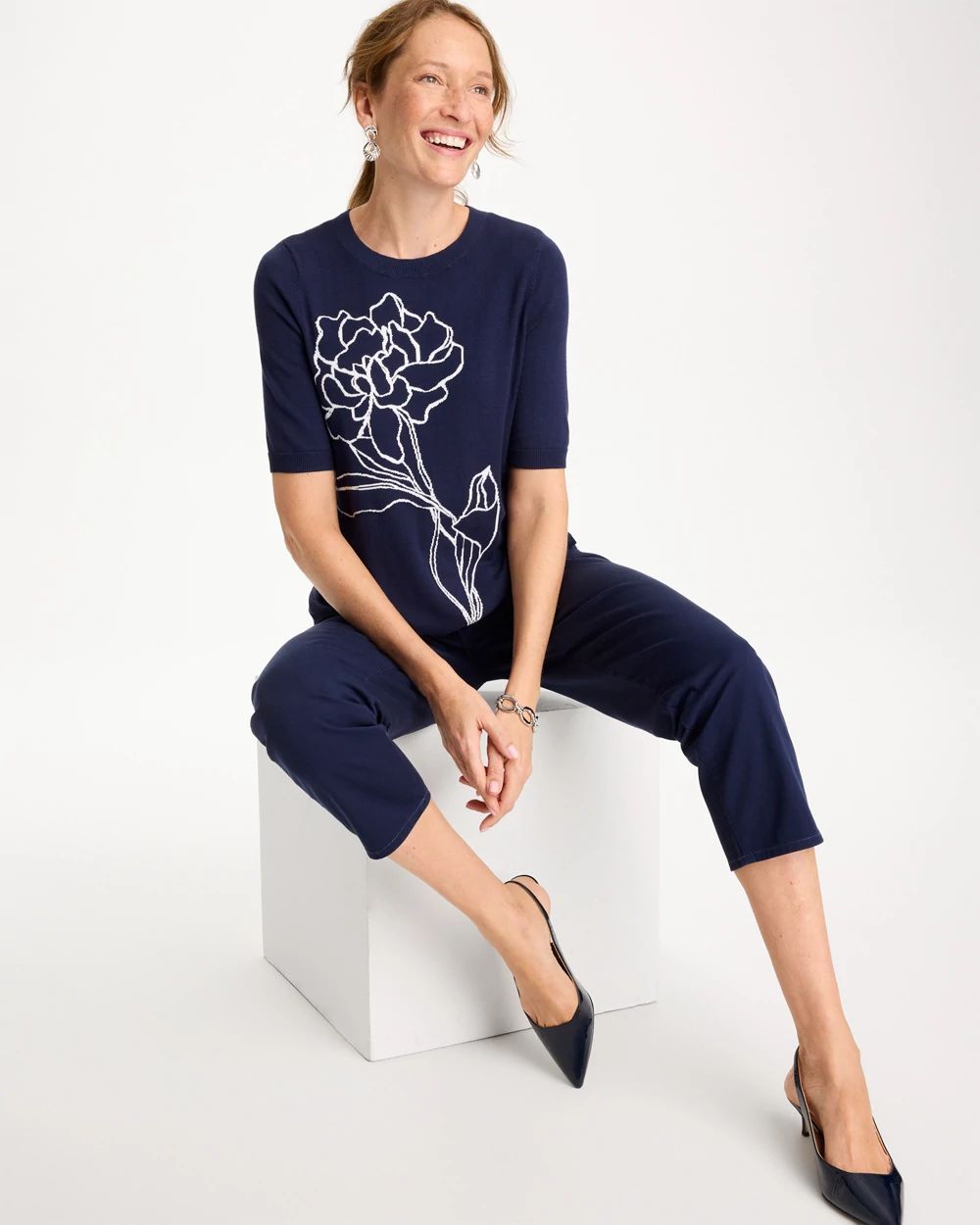 Ella Short-Sleeve Floral Sweater click to view larger image.