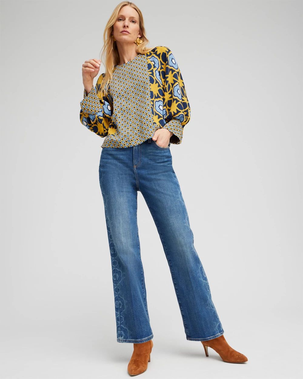 High Rise Laser Print Straight Jeans