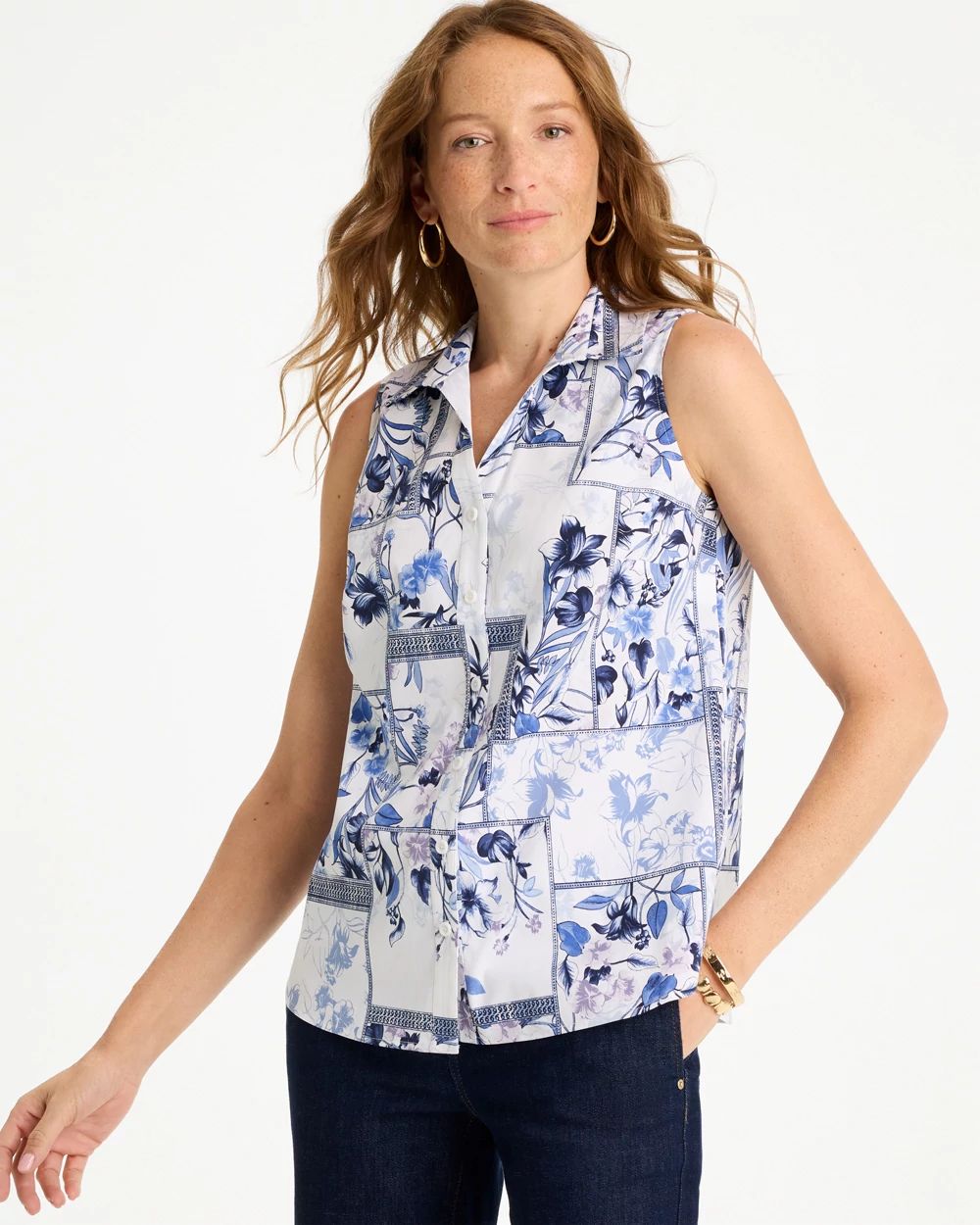 Cotton-Blend Classic Printed Sleeveless Shirt