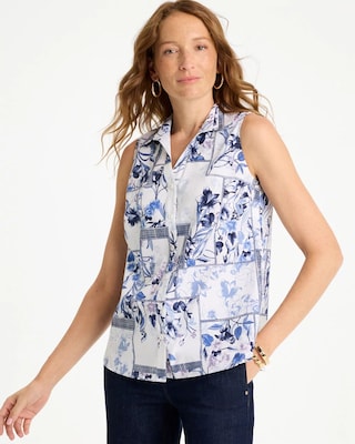 Cotton-Blend Classic Printed Sleeveless Shirt