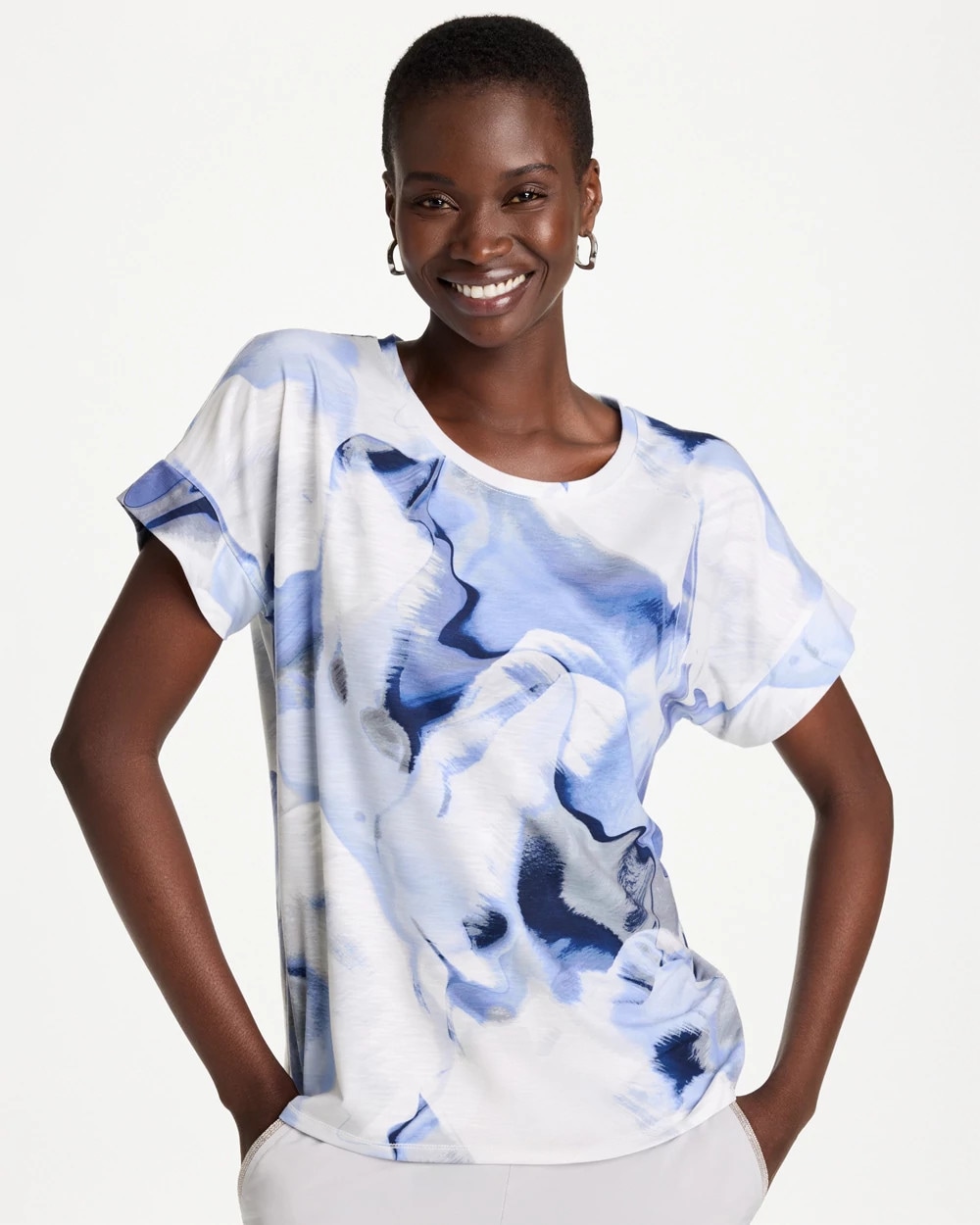 Chico's Placed Print Drop Shoulder Tee In Storm Blue