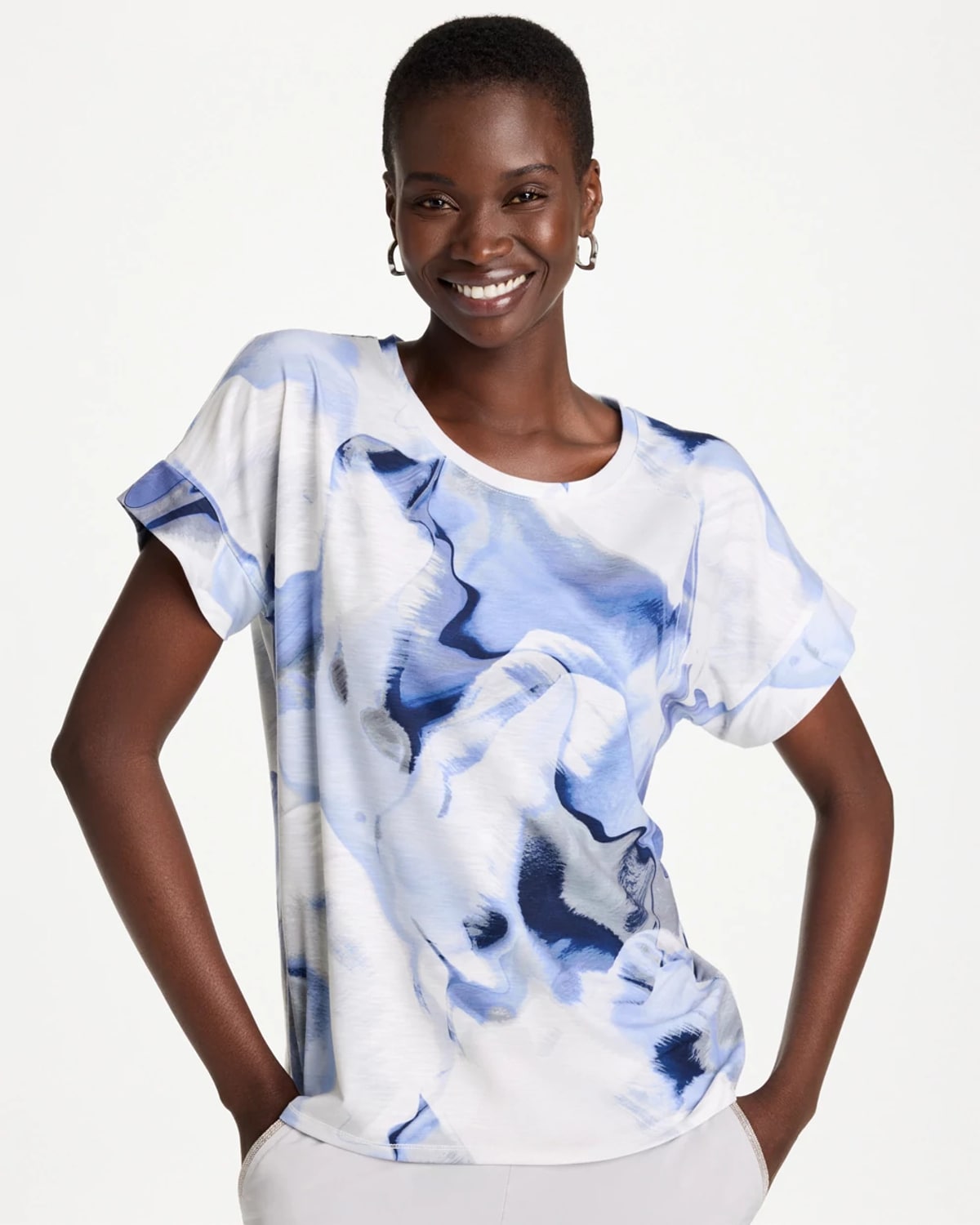 Chico's Placed Print Drop Shoulder Tee In Storm Blue
