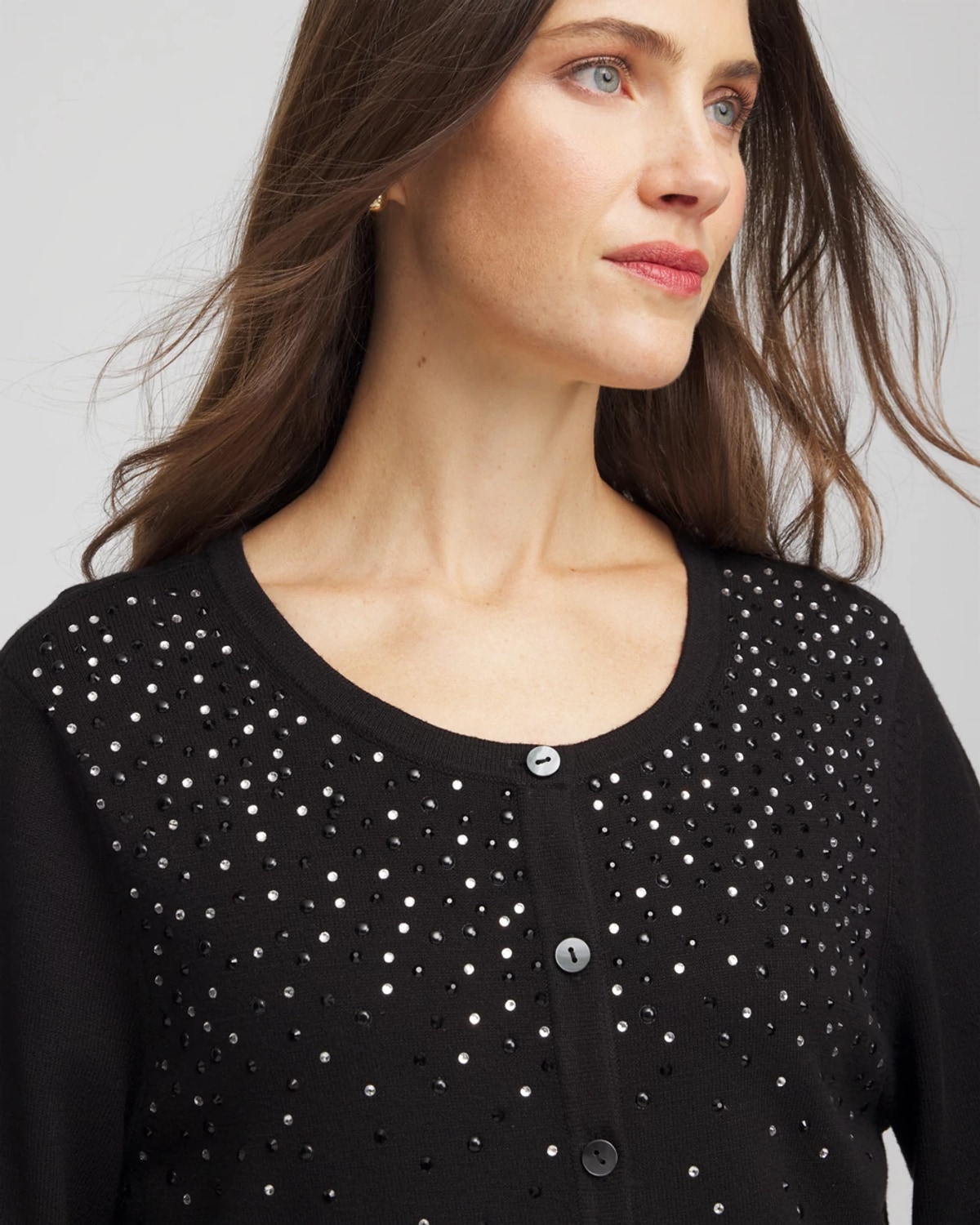 Chico's Ella Ombr Rhinestone Cardigan Sweater In Black In Black