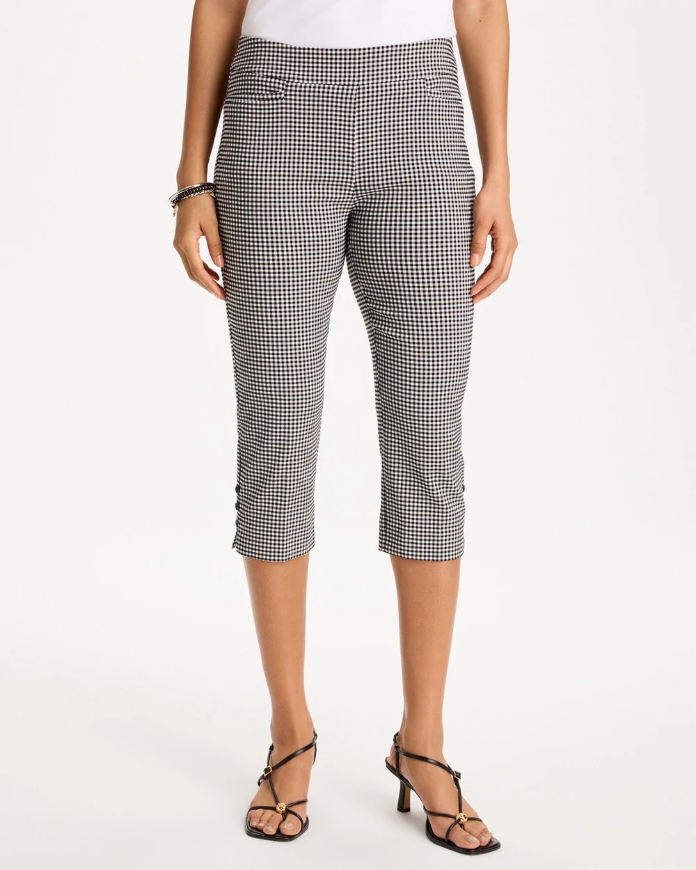 Chico's Brigitte Slim Gingham Pull-on Capri Pants In Black In Gray